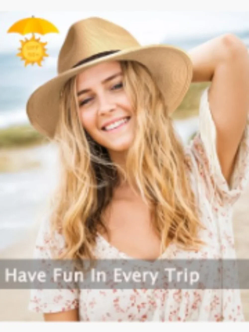 Natural Paper Straw Wide Brim Fedora Sun Hat UPF50+ Adjustable
